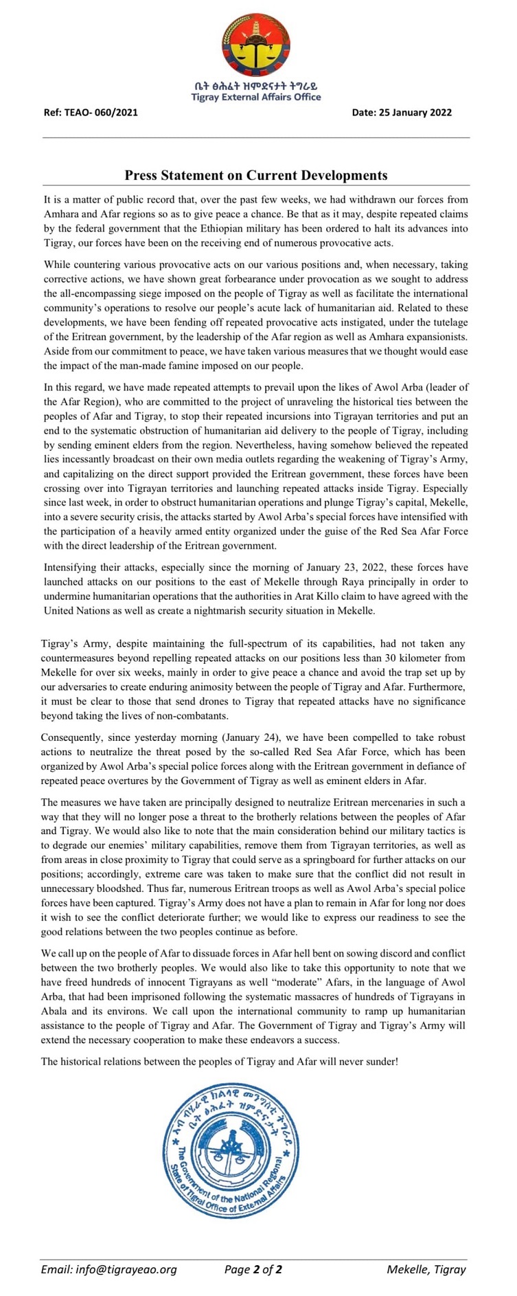 Tigray Government Statement Current Developments
