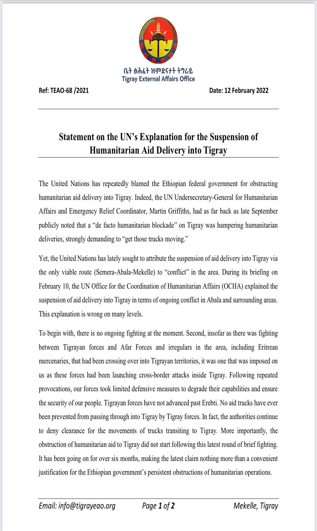 Text, Tigray Govt Letter