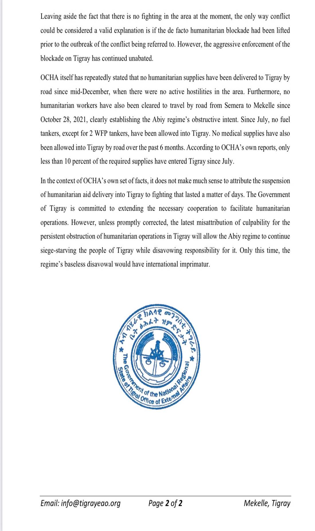 Text, Tigray Govt Letter